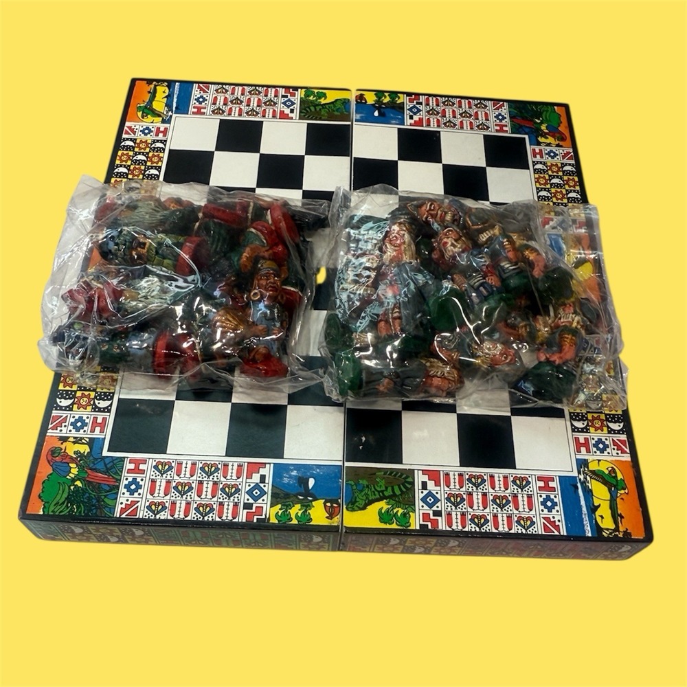 VTG Handmade Chess Set Aztec Mayan Incas vs Spanish Conquistadores Vintage 10x10